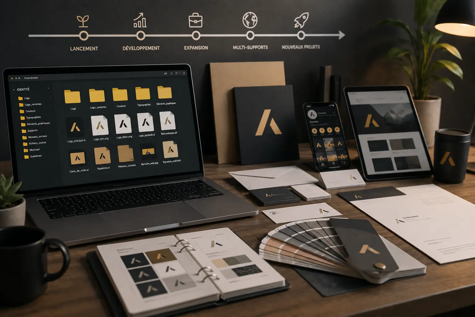 Supports de branding professionnels affichés sur plusieurs appareils et documents illustrant une identité visuelle évolutive et adaptable.