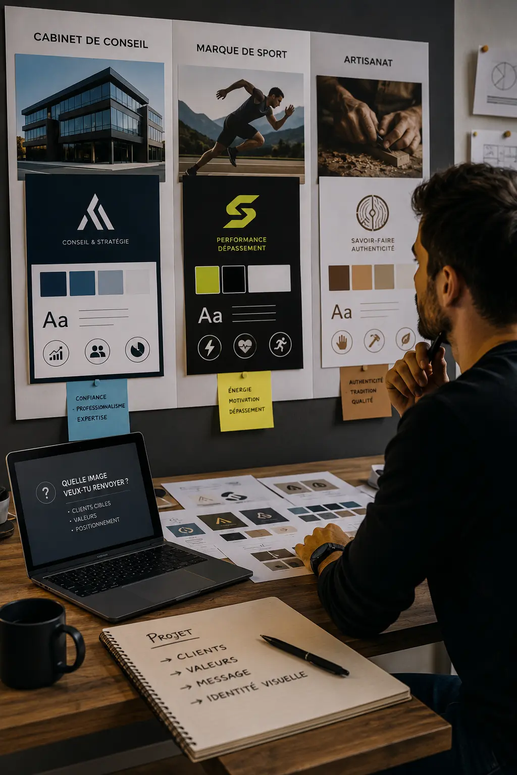 Designer analysant différentes identités visuelles afin de sélectionner un univers graphique cohérent avec une activité professionnelle.