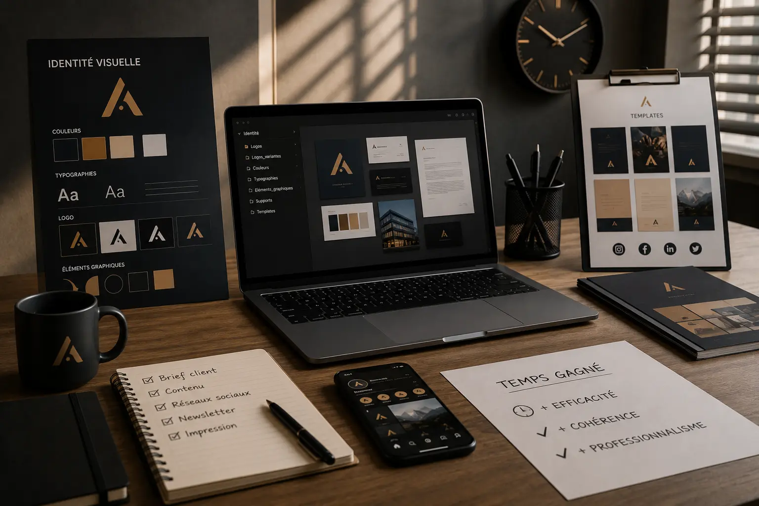 Espace de travail professionnel avec supports de branding harmonisés illustrant une identité visuelle prête à être utilisée sur plusieurs supports.