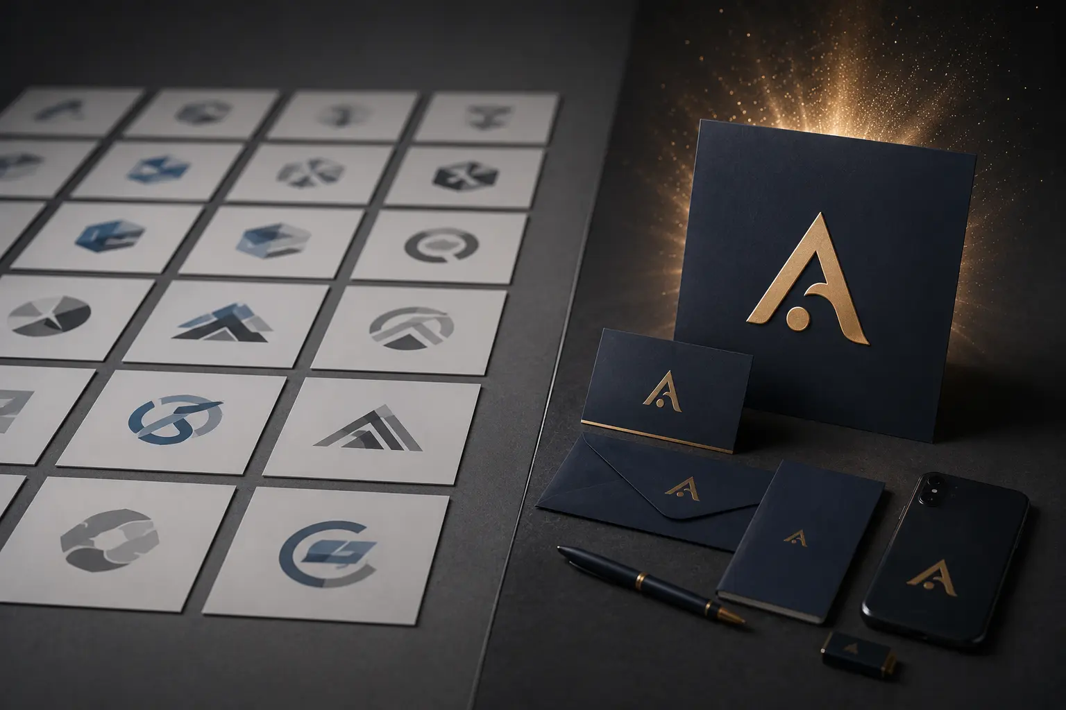Comparaison entre plusieurs logos génériques similaires et une identité visuelle premium se distinguant par son univers graphique cohérent.