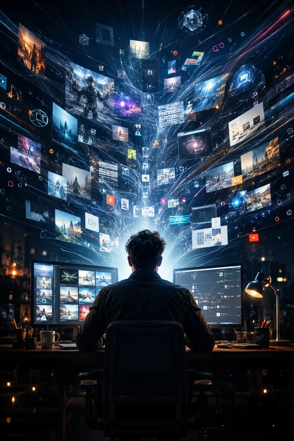 Créatif travaillant devant plusieurs écrans entouré d’un flux massif de contenus générés par intelligence artificielle illustrant l’accélération de la concurrence numérique.
