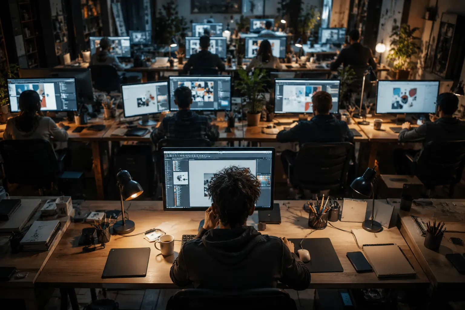 Designer travaillant dans un studio créatif entouré de nombreux professionnels illustrant l’augmentation du niveau moyen des métiers créatifs en 2026.