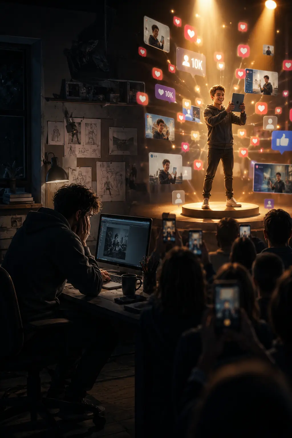 Créatif talentueux travaillant dans l’ombre face à un créateur de contenu très visible sur les réseaux sociaux attirant l’attention d’un large public.