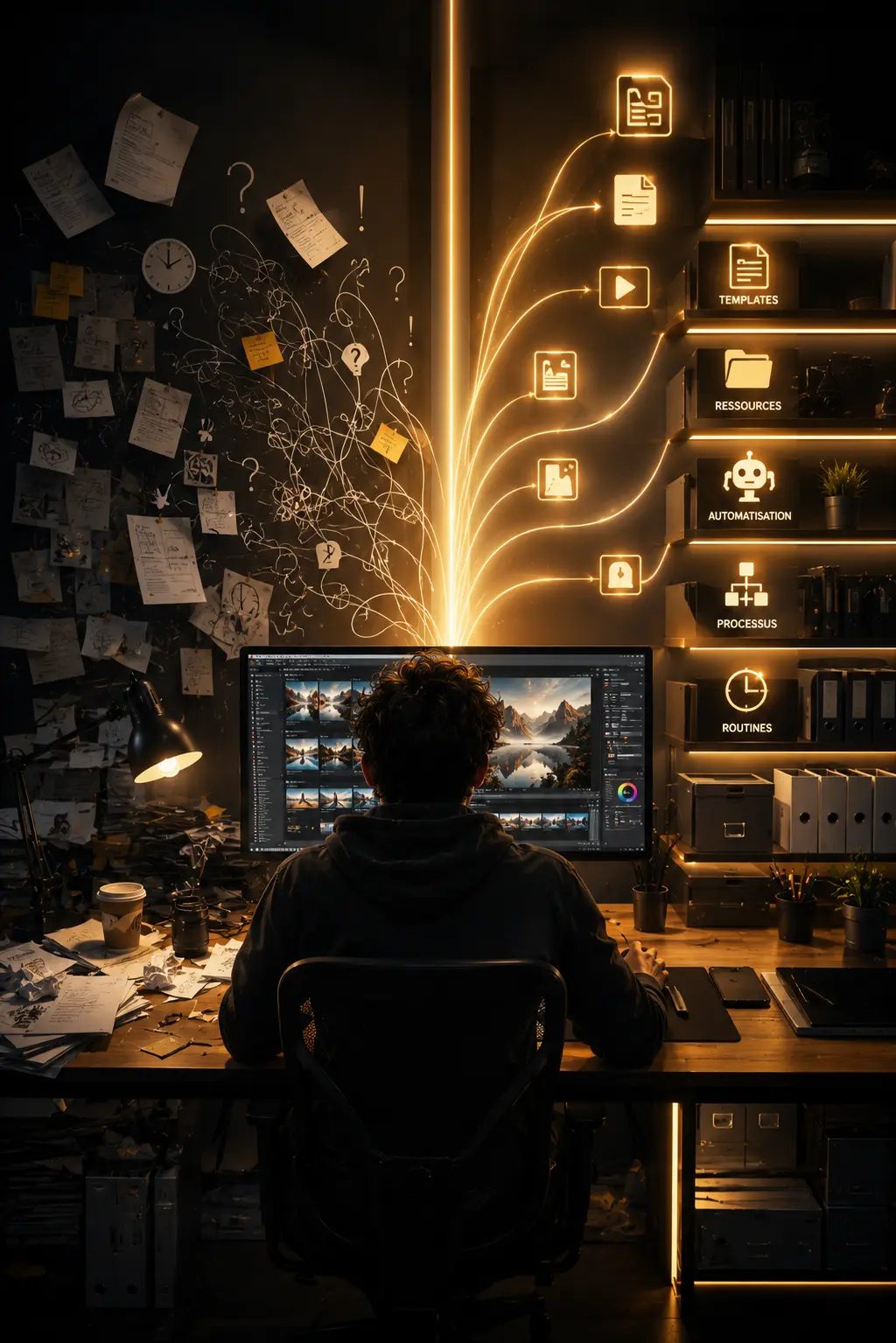 Créatif travaillant dans un espace partagé entre désorganisation et système structuré illustrant l’impact de l’organisation sur la productivité.