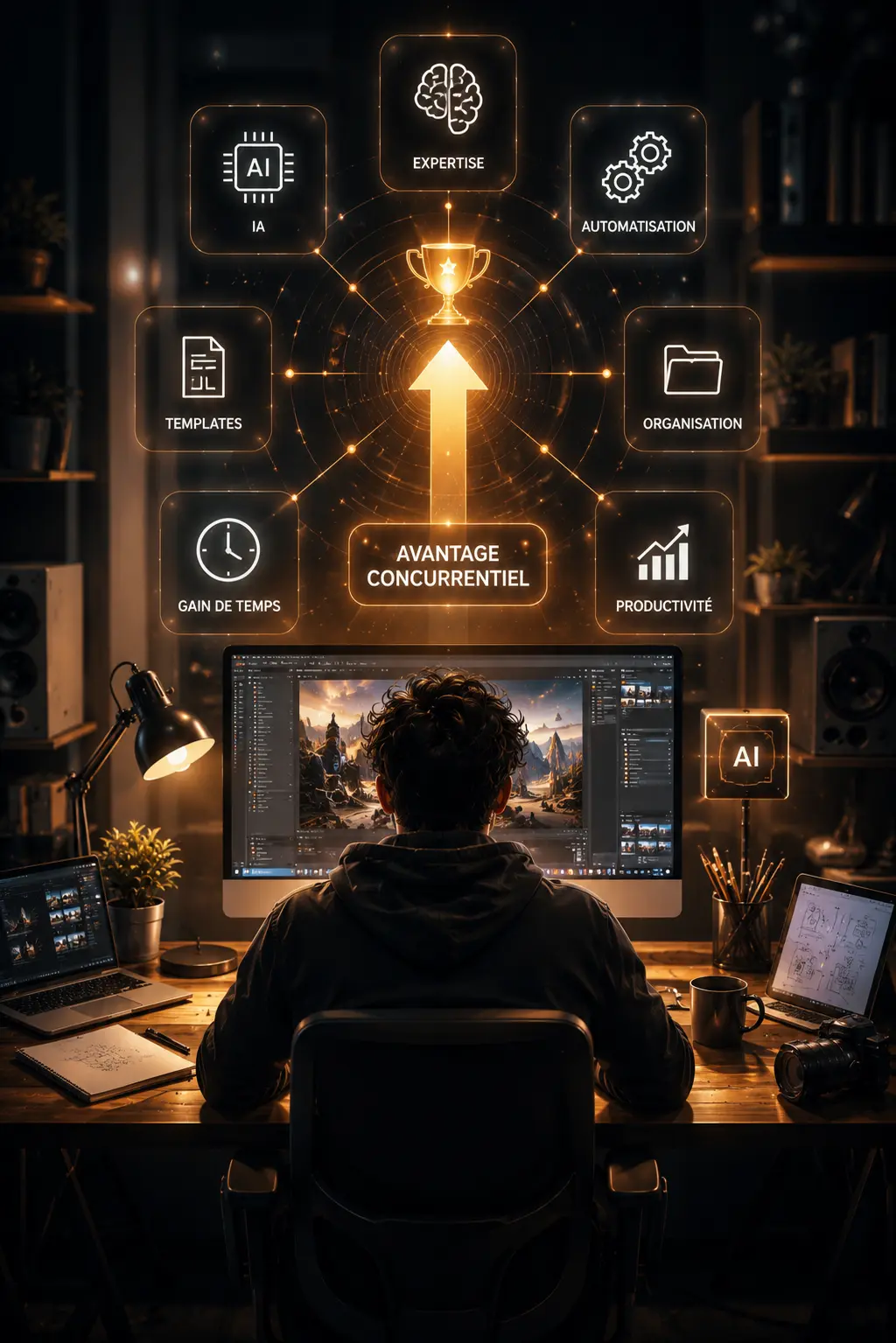 Créatif utilisant l’intelligence artificielle, l’automatisation et des outils numériques pour améliorer sa productivité et gagner du temps.