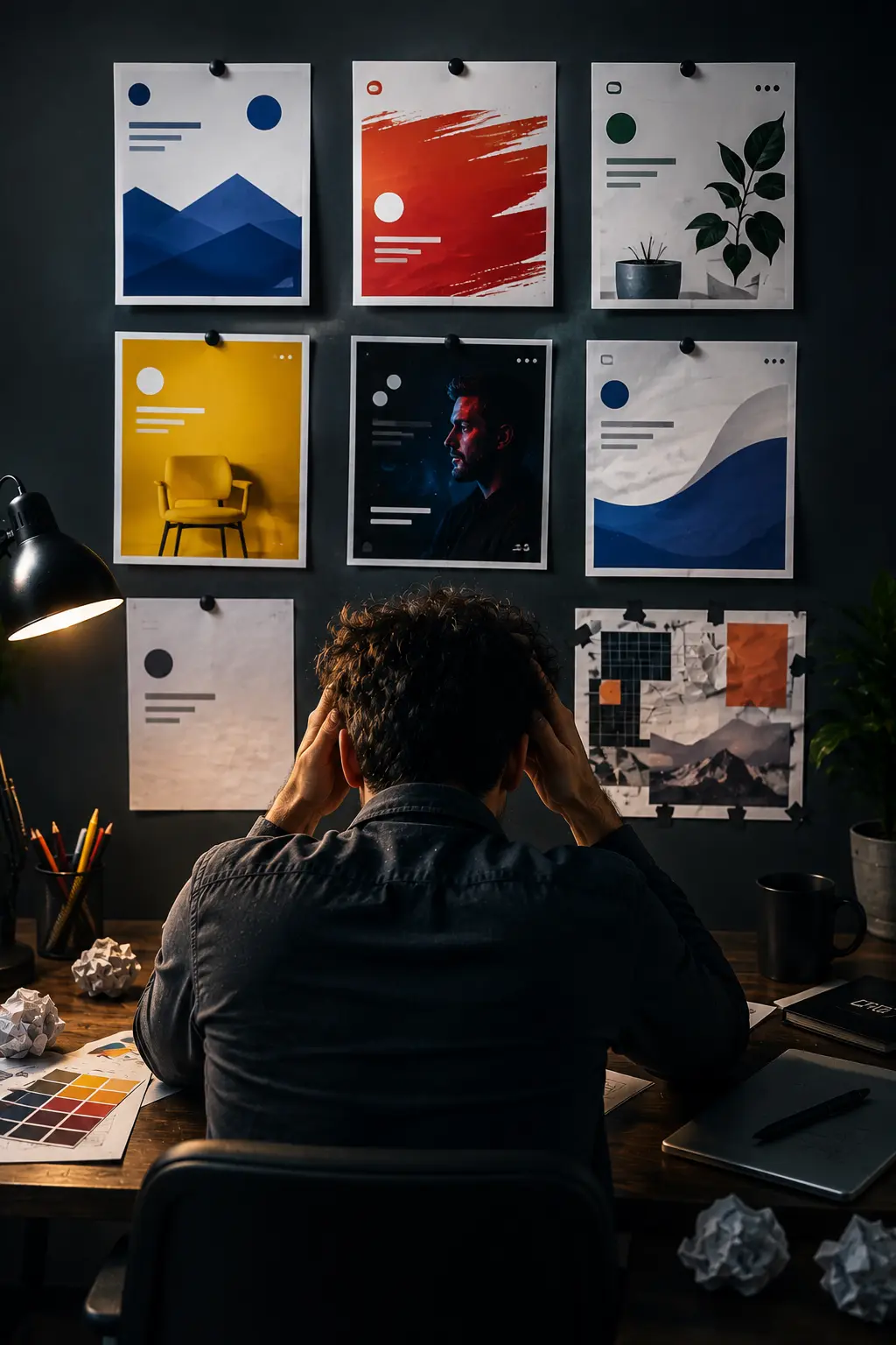 Créatif observant plusieurs publications aux styles visuels différents illustrant le manque de cohérence sur les réseaux sociaux.