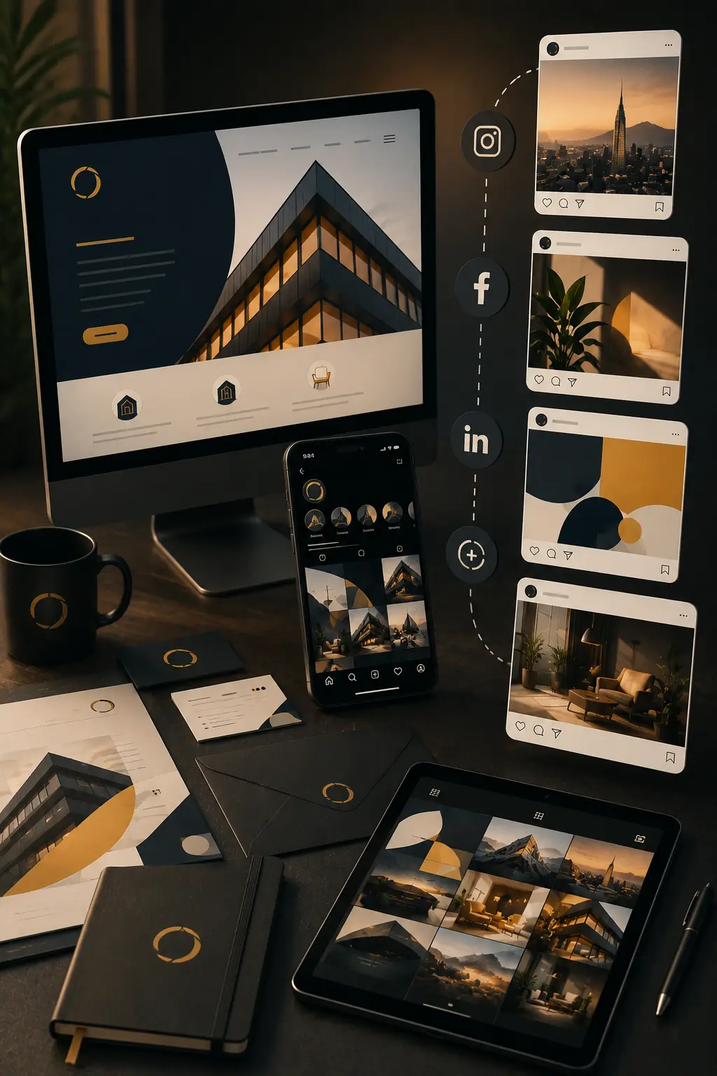 Identité visuelle cohérente déclinée sur un site internet, un smartphone, une tablette et plusieurs supports de communication digitale.