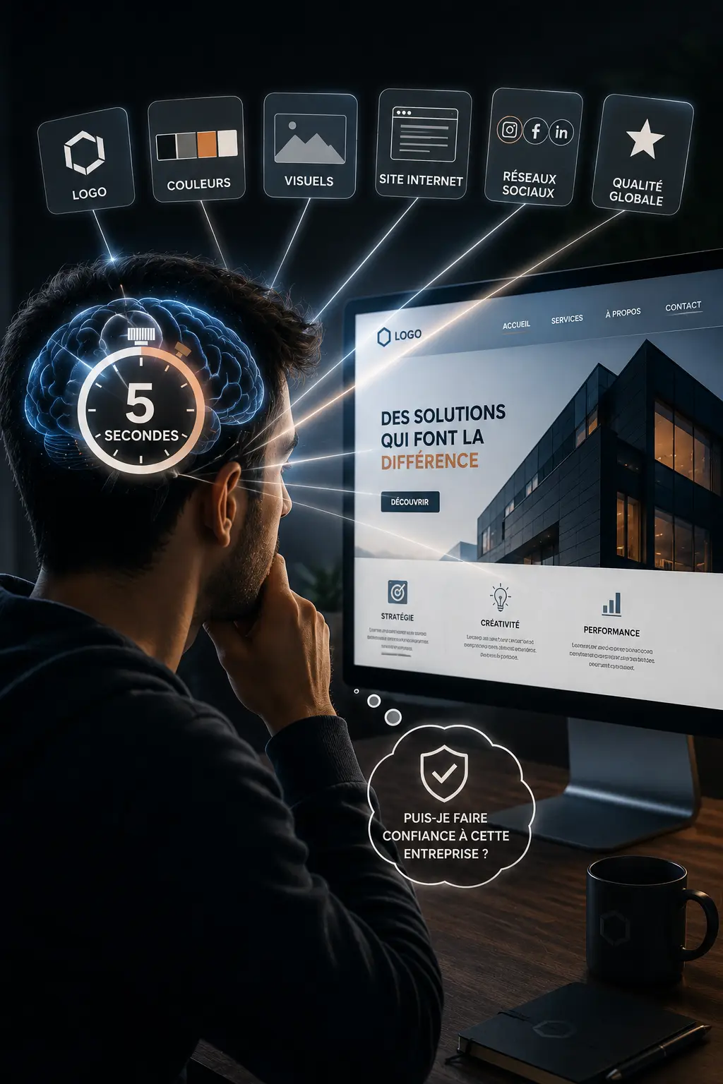 Prospect analysant l’image et la présence en ligne d’une entreprise lors des premières secondes de découverte afin d’évaluer sa crédibilité.